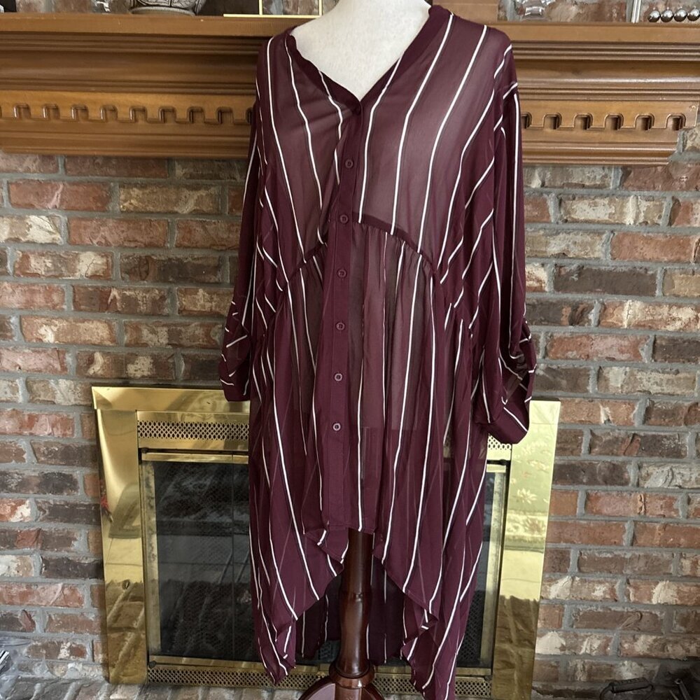 Torrid Burgundy Striped Long Blouse Sheer Size 4 Tunic - Picture 2 of 6